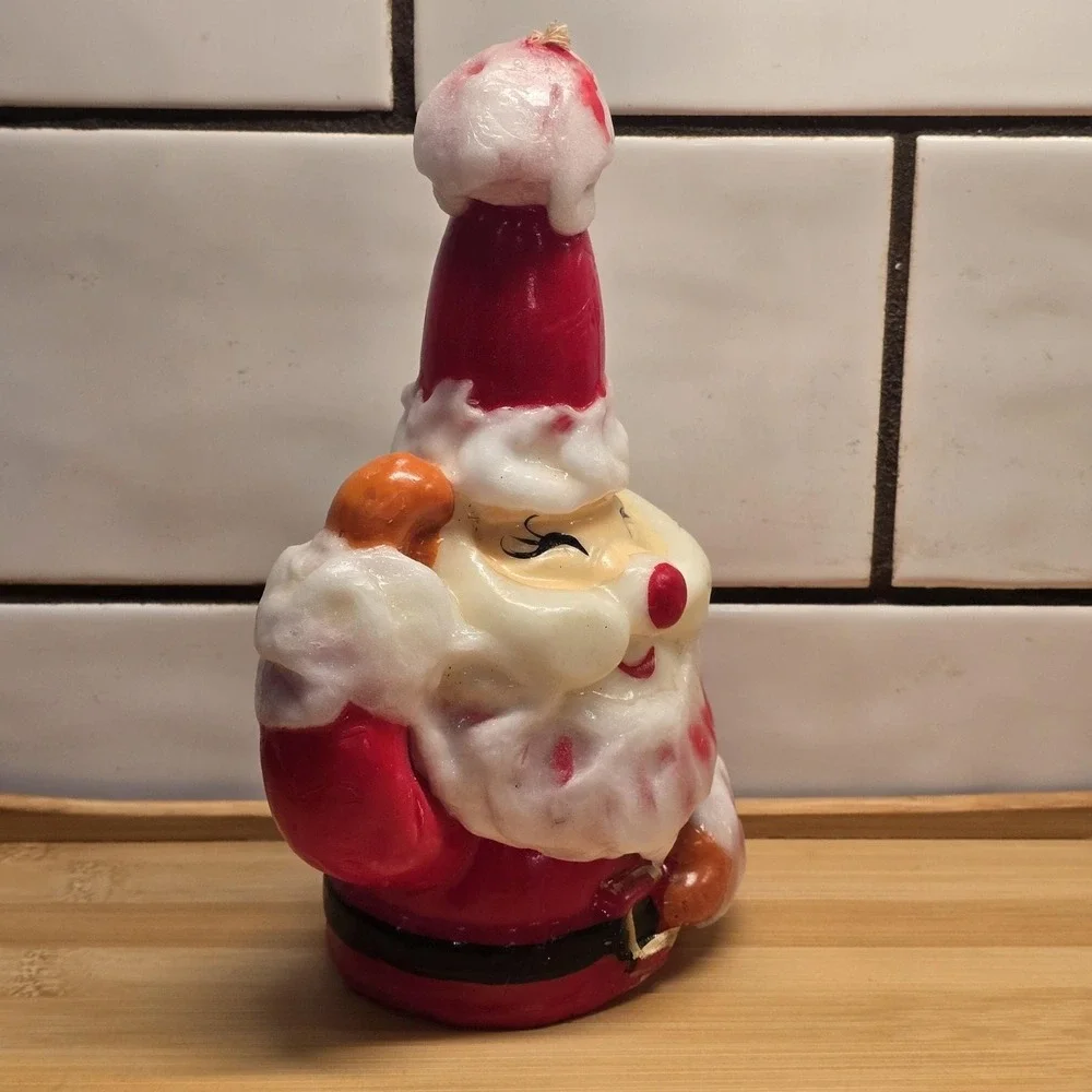 Vintage Winking Santa Clause Red White Christmas Novelty Wax Candle 7.5